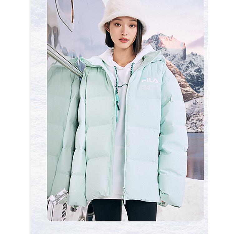 FILA Letter Logo Zip-Up Hooded Down Jacket Unisex Outerwear Nile-Green F51U349902A-LG