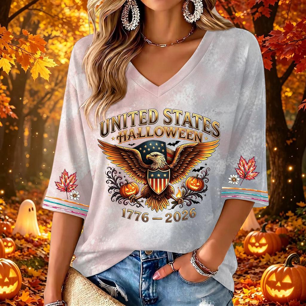 Women's Stylish V-Neck Halloween Print Three-Quarter Sleeve Casual Top for Party