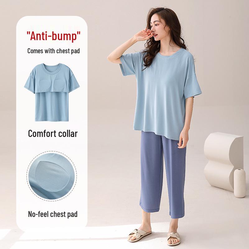 Women's Modal Pajama Set: Chest-Padded Short Sleeve Top with Loose 7/10 Pants for a Cool Summer Sleep