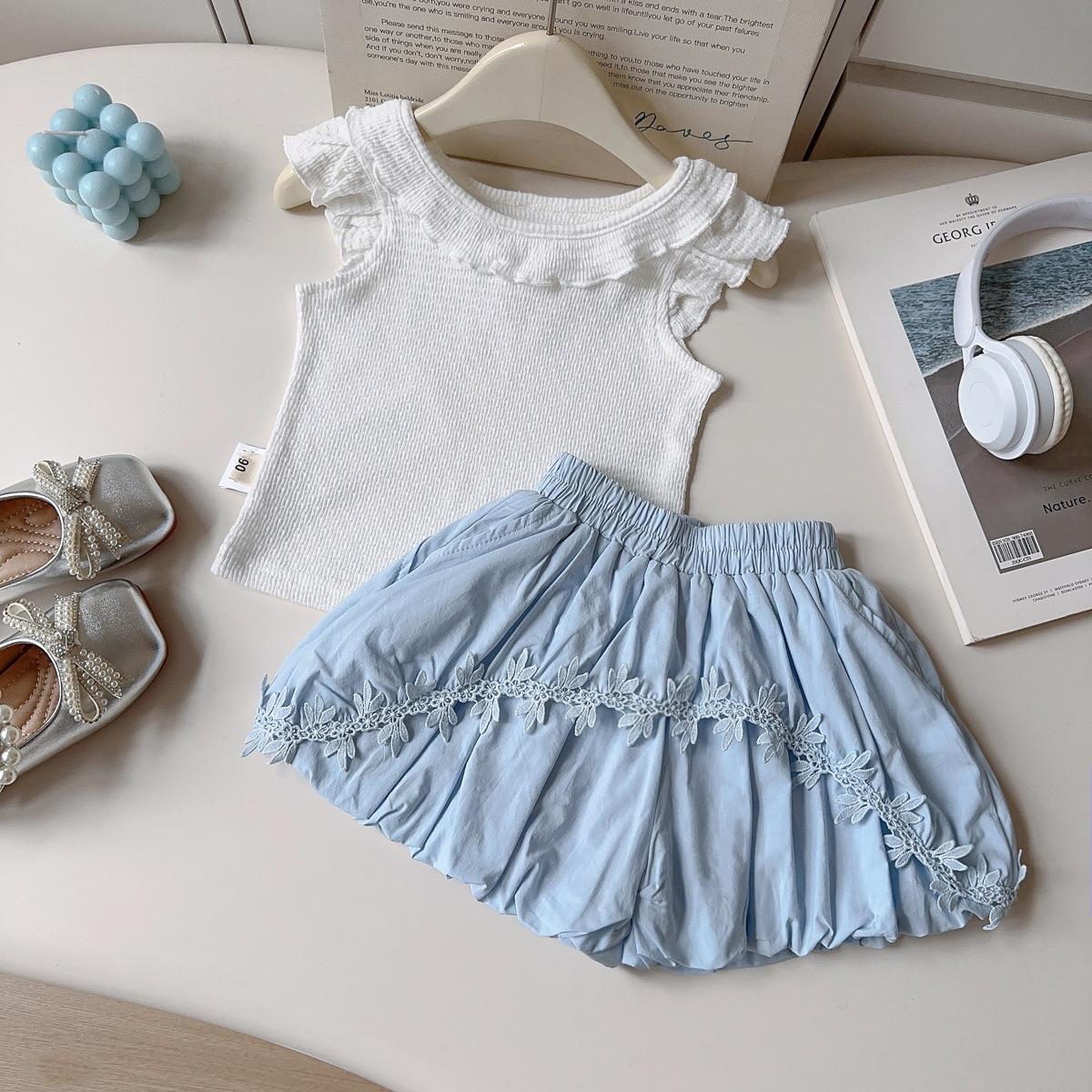 Girls Summer Sleeveless Vest And Floral Lace Shorts Casual Two Piece Set Kids Outfit 90cm