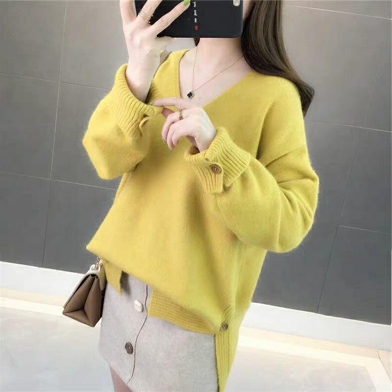 Autumn and Winter Women's V-neck Knitted Sweater Loose Button Solid Color Sweater for Women