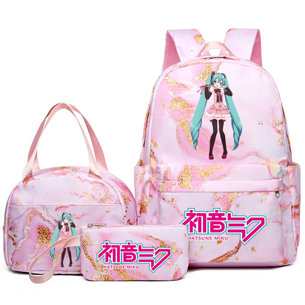 3Pcs/set Anime Hatsune Miku Printed Backpack Handbag Pencil Case for Teenager Student Bookbag Schoolbag Women Large Capacity Waterproof Travel Bag