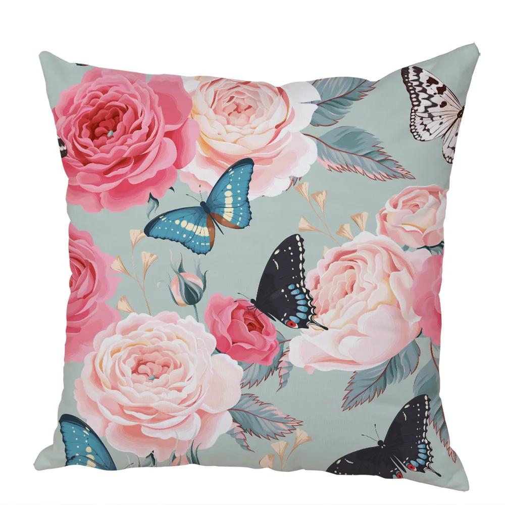 Nordic Style Rose Flower and Birds Pillow Case Cushion Cover for Car Peach Skin Decor Flower Plant Animal Throw Pillowcase