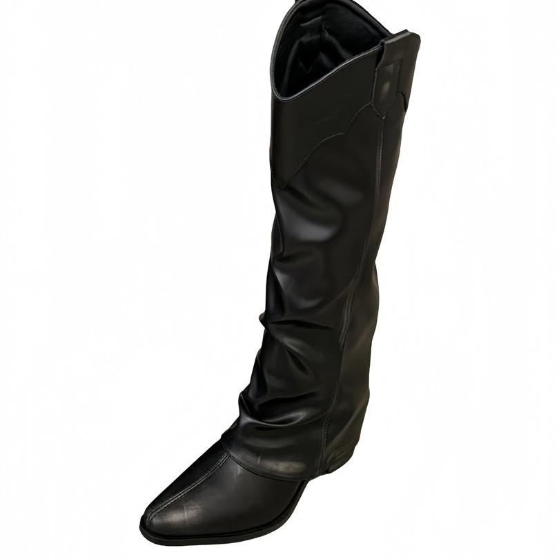inner suede pleated piled boots women's 2025 autumn and winter new pointed western cowboy boots but knee boots women