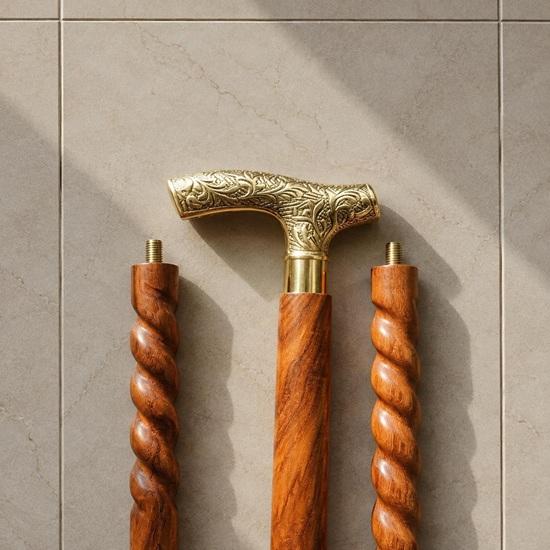 Hand Carved Wooden Cane, Brass Handle Walking Stick, Gentleman Mobility Aid