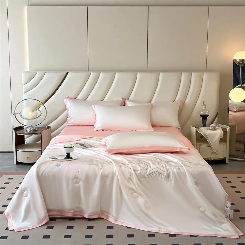 

2025 new washed silk embroidered summer quilt 4-piece dormitory single summer cool quilt sheet pillowcase machine washable 150x200cm 1pcs