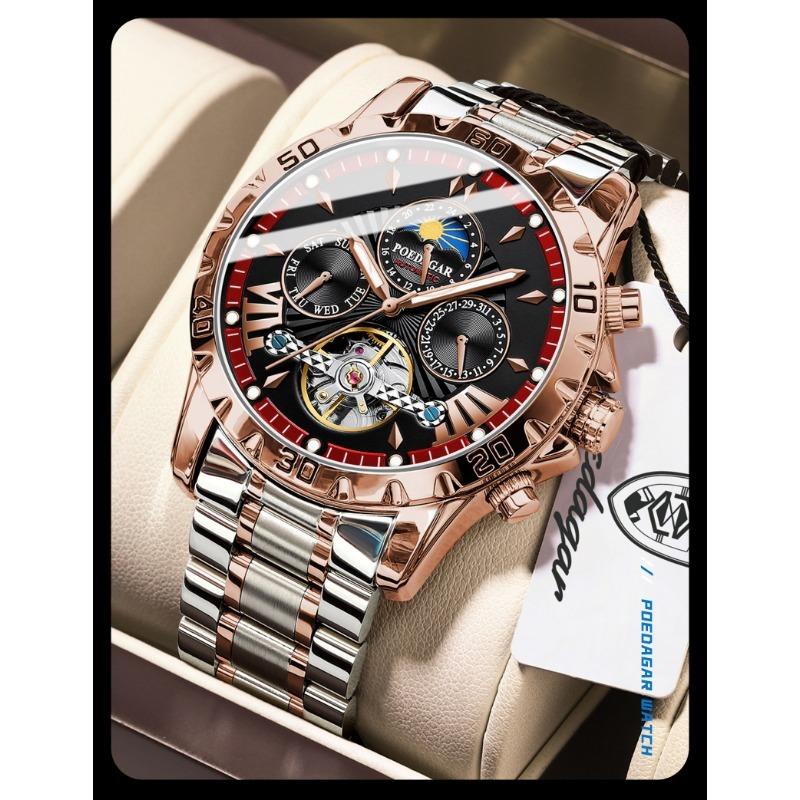 POEDAGAR Luxury Men Watch Luminous Waterproof Hollow Tourbillon Male Clock Week Date Business Automatic Mechanical Watches