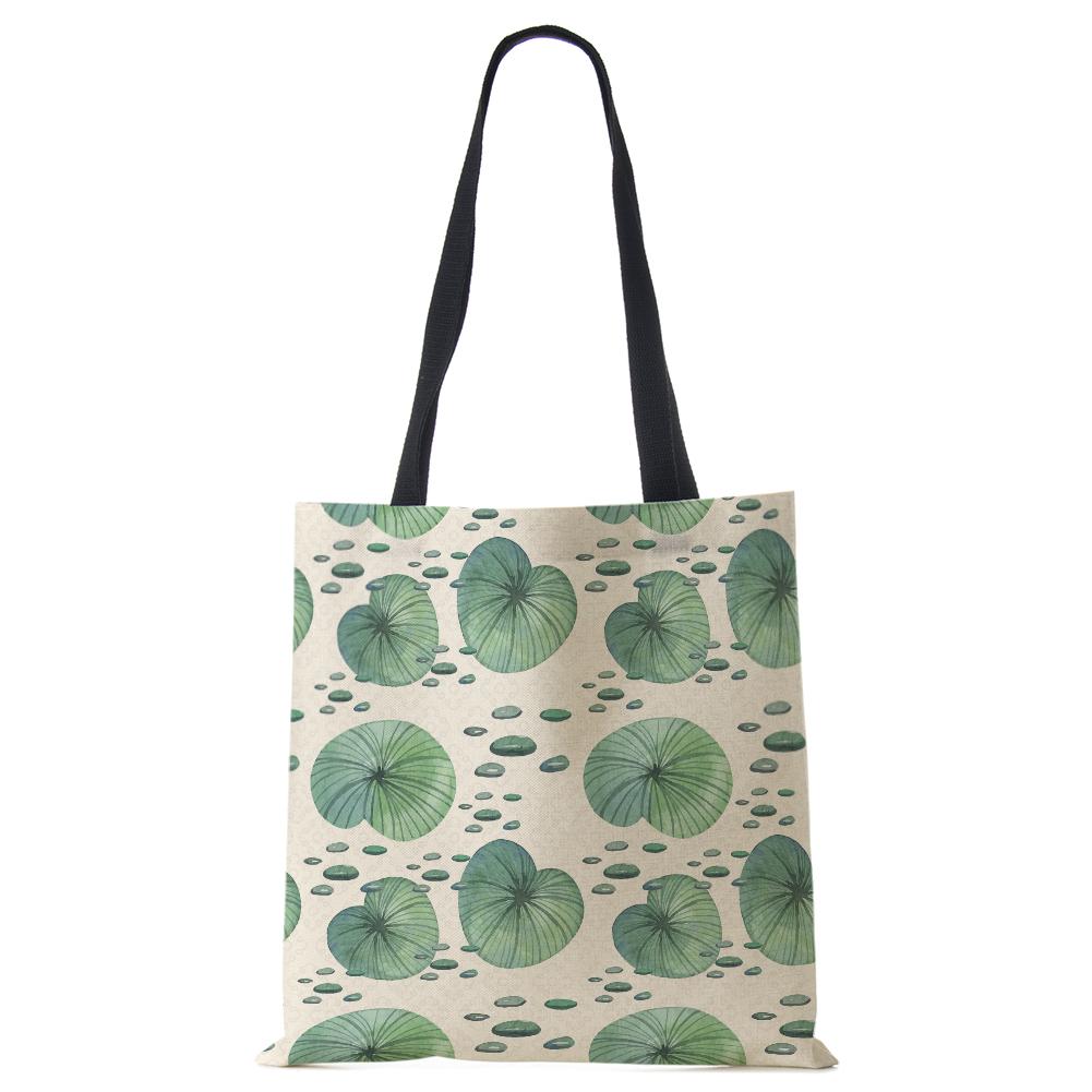 Lotus Leaf Bamboo Print Shopping Bags Women Folding Reusable Tote Shoulder Bag Scenery Canvas Casual Groceries Handbags 2022 CLE