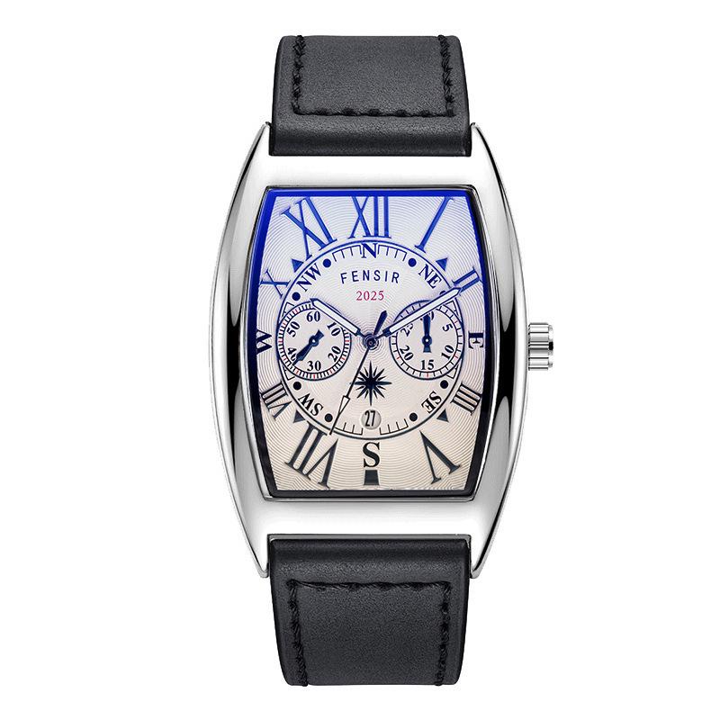 Finish Big Barrel Men's Watch: European & American Style, Leather Strap, Waterproof, Calendar, Casual Office Wear.