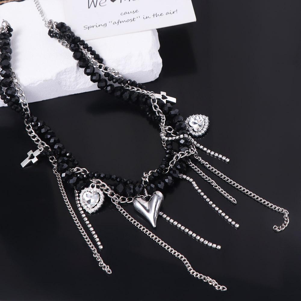 Punk Heart Pendant Necklace Transparent Y2K Crystal Necklace Fashion Beaded Rhinestone Choker  Gift