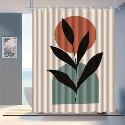 1pc Leaf Patterned Shower Curtain, Polyester Fabric, with Hooks, Machine Washable, Suitable for Bathroom Decor.