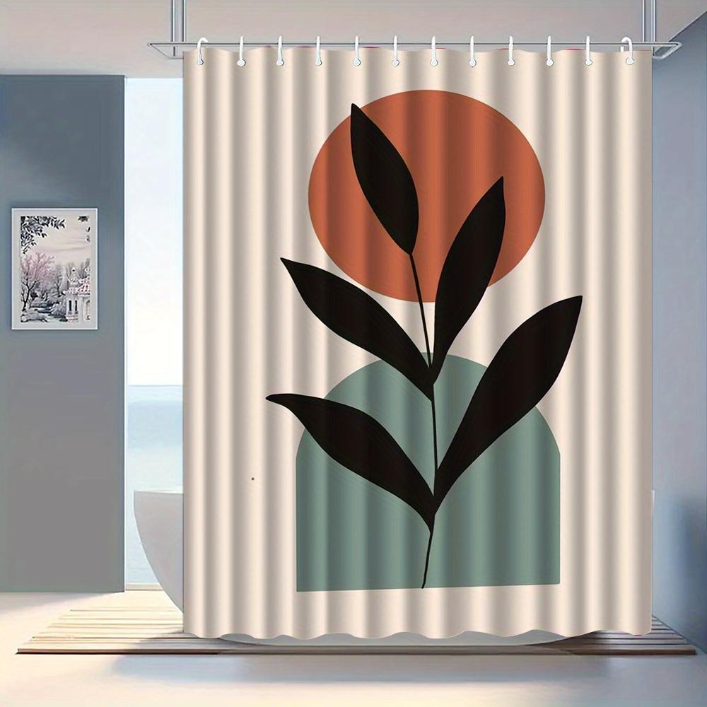 1pc Leaf patterned shower curtain, polyester fabric, with hooks, machine washable, suitable for bathroom decor.