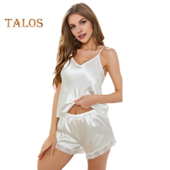 

2 шт./комплект женский жилет шорты костюм V-образный вырез без рукавов кружевной топ сзади высокая талия короткие брюки домашняя одежда одежда для отдыха летняя одежда для сна M белый