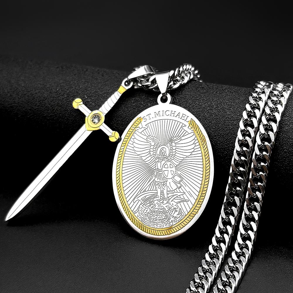 Archangel Saint Michael with Sword Protect Us Stainless Steel Pendants Necklace for Women Men Two-Tone Chain Necklaces Jewelry