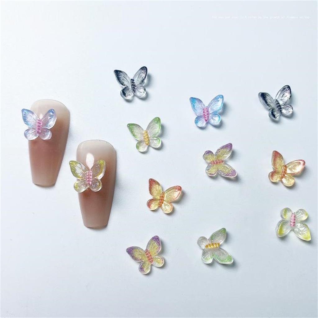50pcs Resin Clear Candy Color Glitter Butterfly Nails Art Flat Back Rhinestones Appliques DIY Scrapbook Decor Crafts Accessories