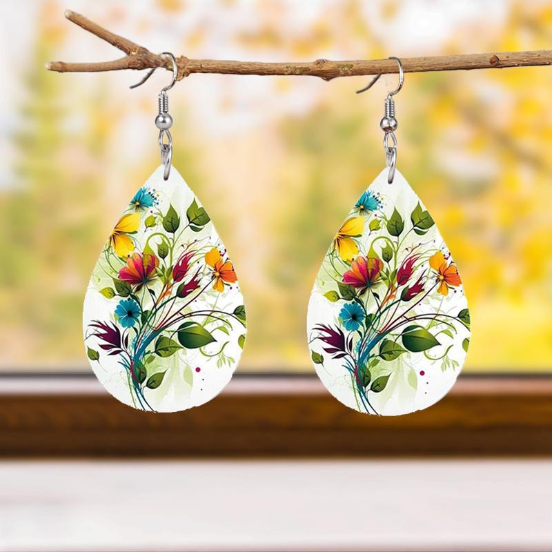 Colorful Flowers Branches Leaf Patterns PU Leather Earrings for Women Elegant Charming Earrings Jewelry Matching for Festivals, Banquets