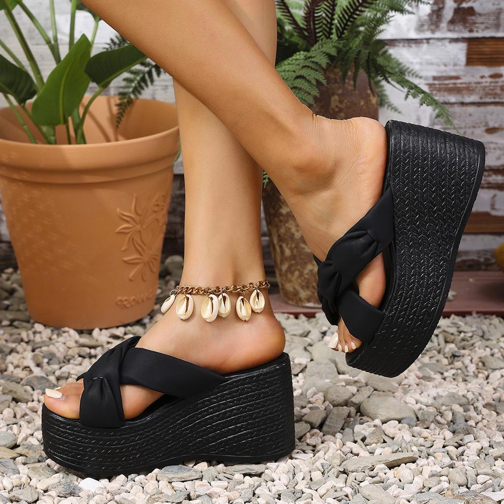 Wedge heel slippers women's new fashion versatile casual high heel thick bottom cross with slippers