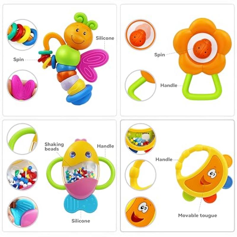 MOONTOY 12-teiliges Baby-Rassel- und Beißring-Set, sensorisches Trainingsspielzeug für Neugeborene und Säuglinge von 0-12 Monaten, Geschenk für Jungen und Mädchen