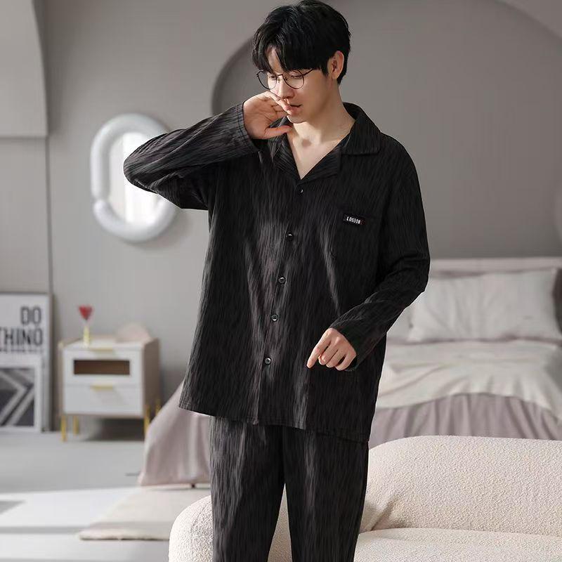 Herren Baumwoll-Pyjama-Set - Langarm & Hose, Lässiger lockerer Cardigan Nachtwäsche