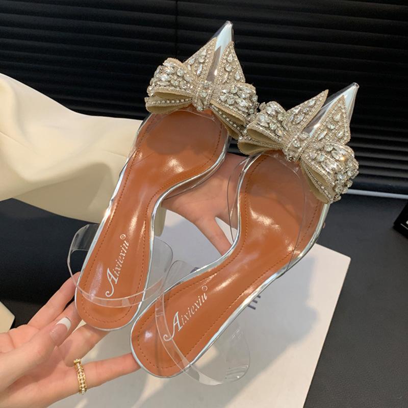 Pointed Toe Bag Head Transparent Sandals Women's 2025 New Summer Rhinestone High Heels Women's Stiletto Fairy Style Women's Shoes