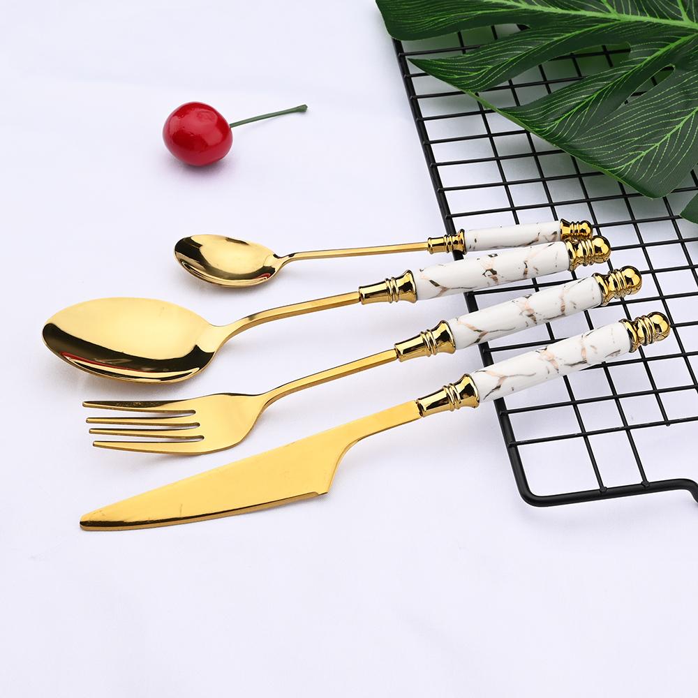 5PCS White Gold Ceramic Tableware Party Fork Spoon Knife Silverware Set Flatware Cutlery Set Stainless Steel Dinner Dinnerware Set
