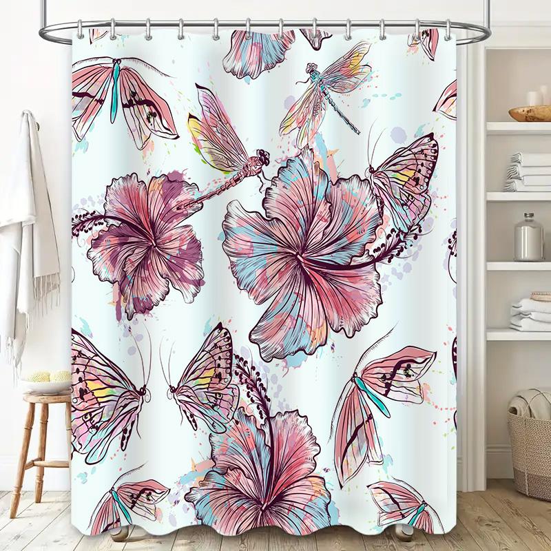 Pink Flower Butterfly Shower Curtain Bath Decor Bathroom Accessories Set for Home Decoration (60x72)