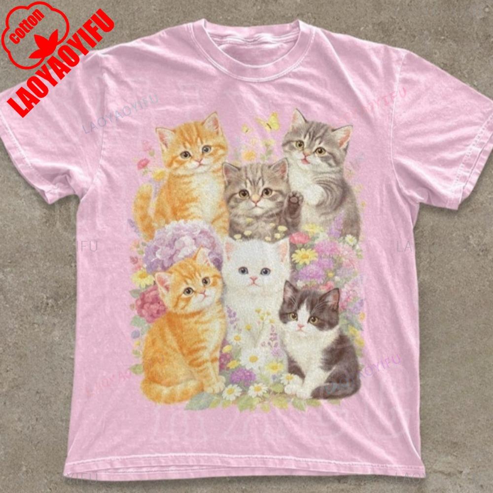 Retro Kitten Shirt Vintage Floral Cat Tee Cottagecore Cat Lover Gift Oversized T Shirt Aesthetic Kawaii Clothes Harajuku