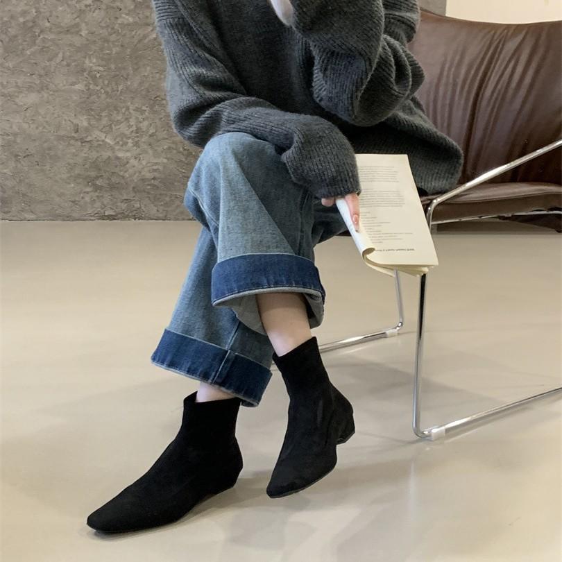2025 new autumn and winter pointed flat-bottomed short boots women's suede thin boots versatile elastic boots versatile short boots women