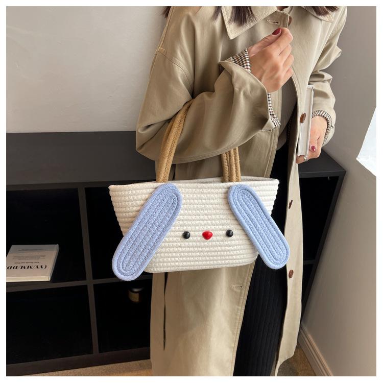 Cartoon Shape Cotton Rope Woven Handbag Cute Cotton Rope Woven Bag Daily Travel Cartoon Cotton Rope Bag Tote Bag