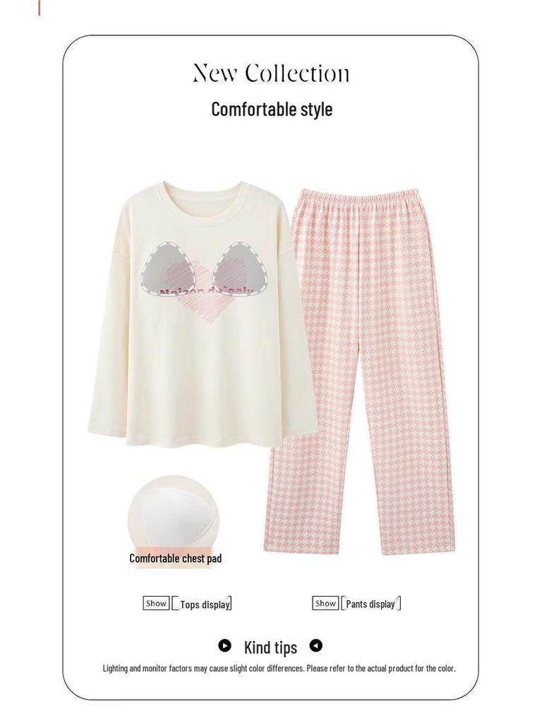 Women's Korean Style Cartoon Long Sleeve Casual Home Set with Chest Pads