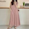 ZANZEA Damen Sommer Rundhals Lose Casual Ärmelloses Kleid