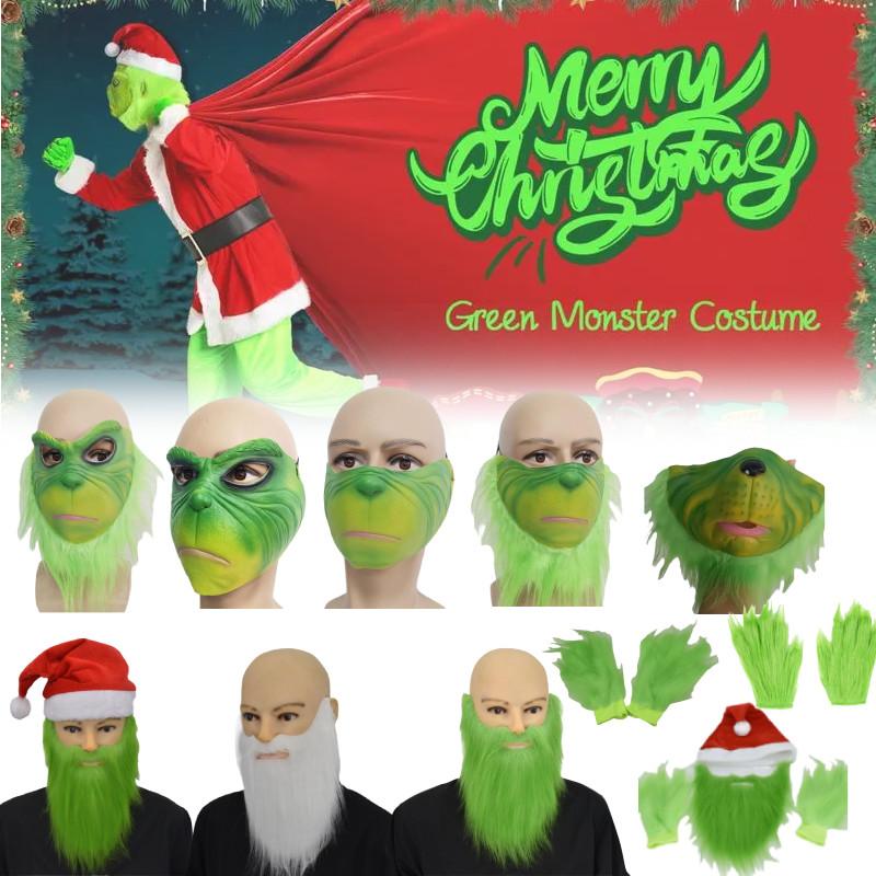 Grinch Half Face Mask With Green Hair And Whimsical Design For Christmas Celebrations
