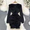 RUGOD High Quality Sexy V-neck Dress Spring 2025 New Slim Slim Pleated Ruffle Hip Wrap Short Dress Single-breasted