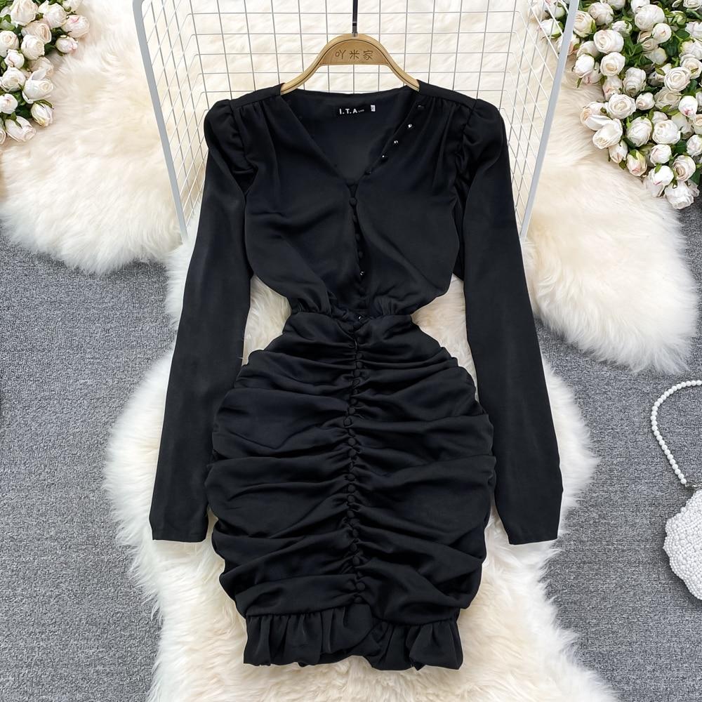 RUGOD High Quality Sexy V-neck Dress Spring 2025 New Slim Slim Pleated Ruffle Hip Wrap Short Dress Single-breasted