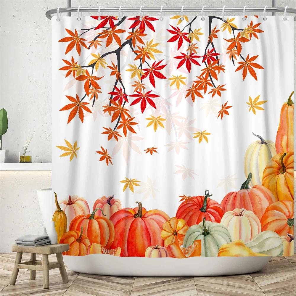 Autumn Scenic Shower Curtain Fall Pumpkin Farm Thanksgiving Butterfly Flower Leaf Barn Polyester Fabric Bathroom Decor Curtains