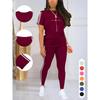 Moisture Wicking Ladies Short Sleeve T-shirt High Waist Full Length Leggings Fitness Two Piece