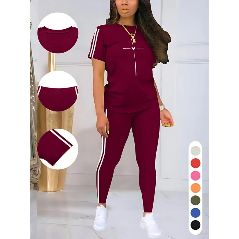 Moisture Wicking Ladies Short Sleeve T-shirt High Waist Full Length Leggings Fitness Two Piece