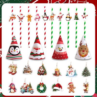 Christmas Theme Party Decoration Christmas Arrangement Props Paper Hat Straw Pendant Honeycomb Ornament Glasses