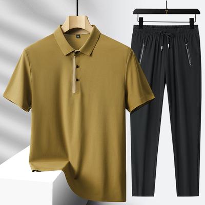 Men's Summer Silky Lapel POLO Shirt Short Sleeve Suit Youth Ice Silk Pants Casual Sports Two Sets