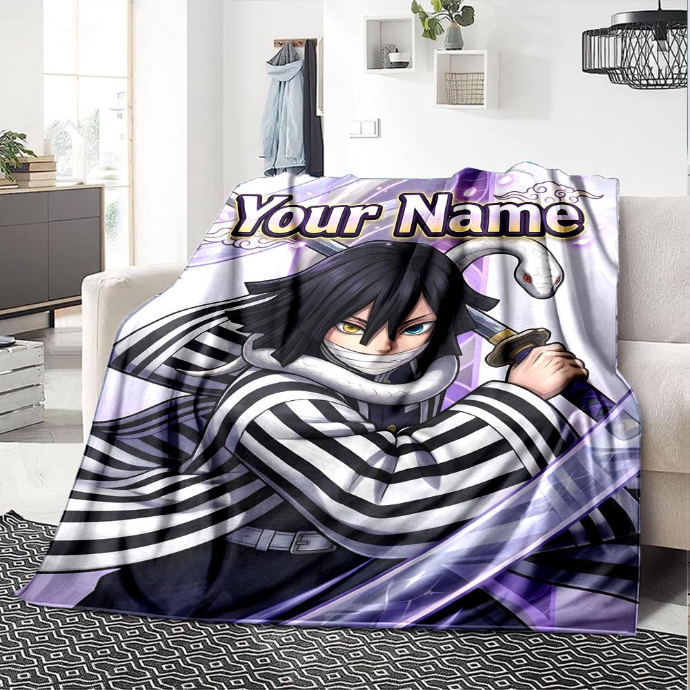 1pc Iguro Obanai Blanket with Custom Name, Gift, for Men and Women, Soft Blanket, Good for Sofa Bed Couch Travel, Lightweight Flannel Blanket