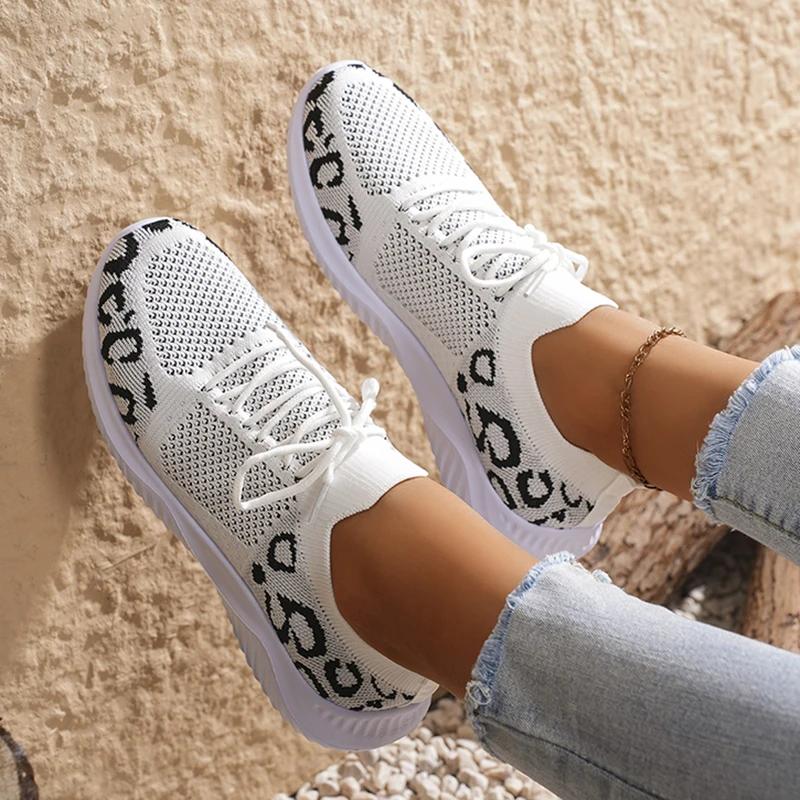 Leopard Print Casual Running Shoes for Women Comfort Soft Sole Breathable Knit Sneakers Woman Lightweight Slip On Walking Shoes