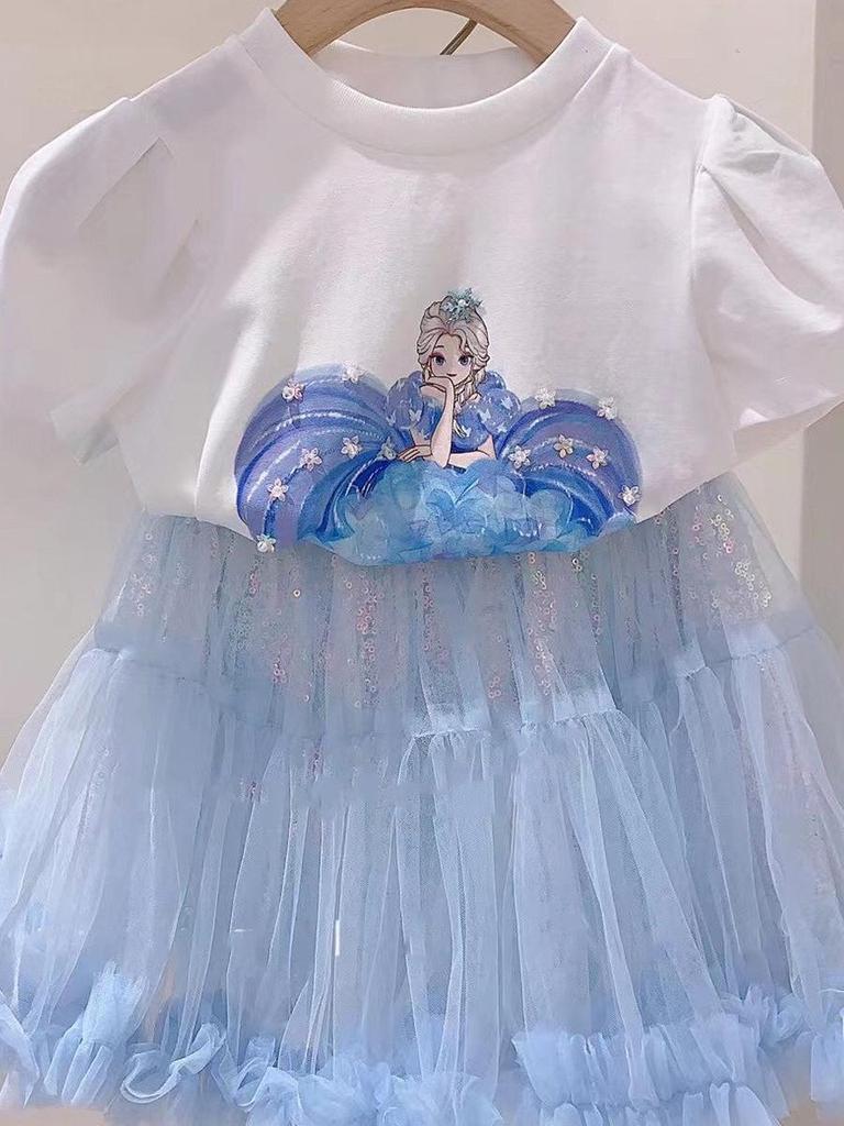 2024 Girls' Frozen Two-Piece Summer Suit: Short-Sleeve T-Shirt & Skirt