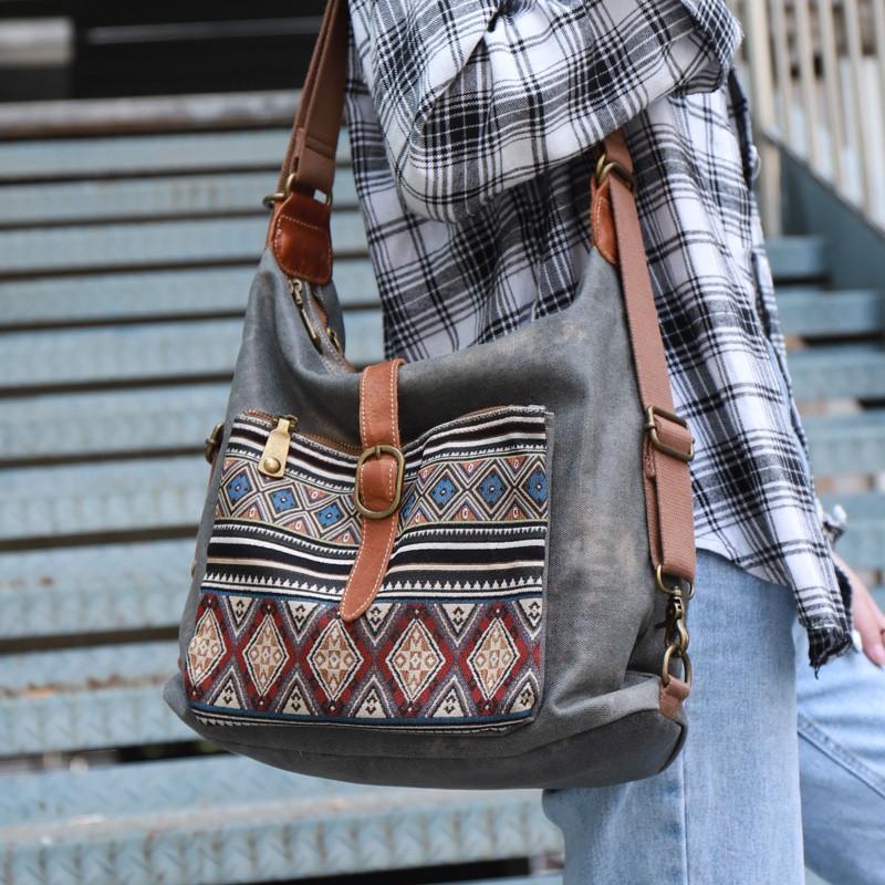 Johnature Denim-Mehrzweck-Umhängetasche, vielseitige große Kapazität, Segeltuch, geometrisch bedruckt, Damen-Umhängetaschen