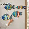 Wooden Fish Wall Art 4PCS Coastal Themed Decoration, Bohemia Colorful Pattern Print Bathroom Seaside Decorations Plaques, Decorative Hanging