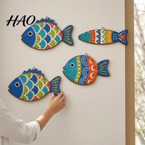 Wooden Fish Wall Art 4PCS Coastal Themed Decoration, Bohemia Colorful Pattern Print Bathroom Seaside Decorations Plaques, Decorative Hanging