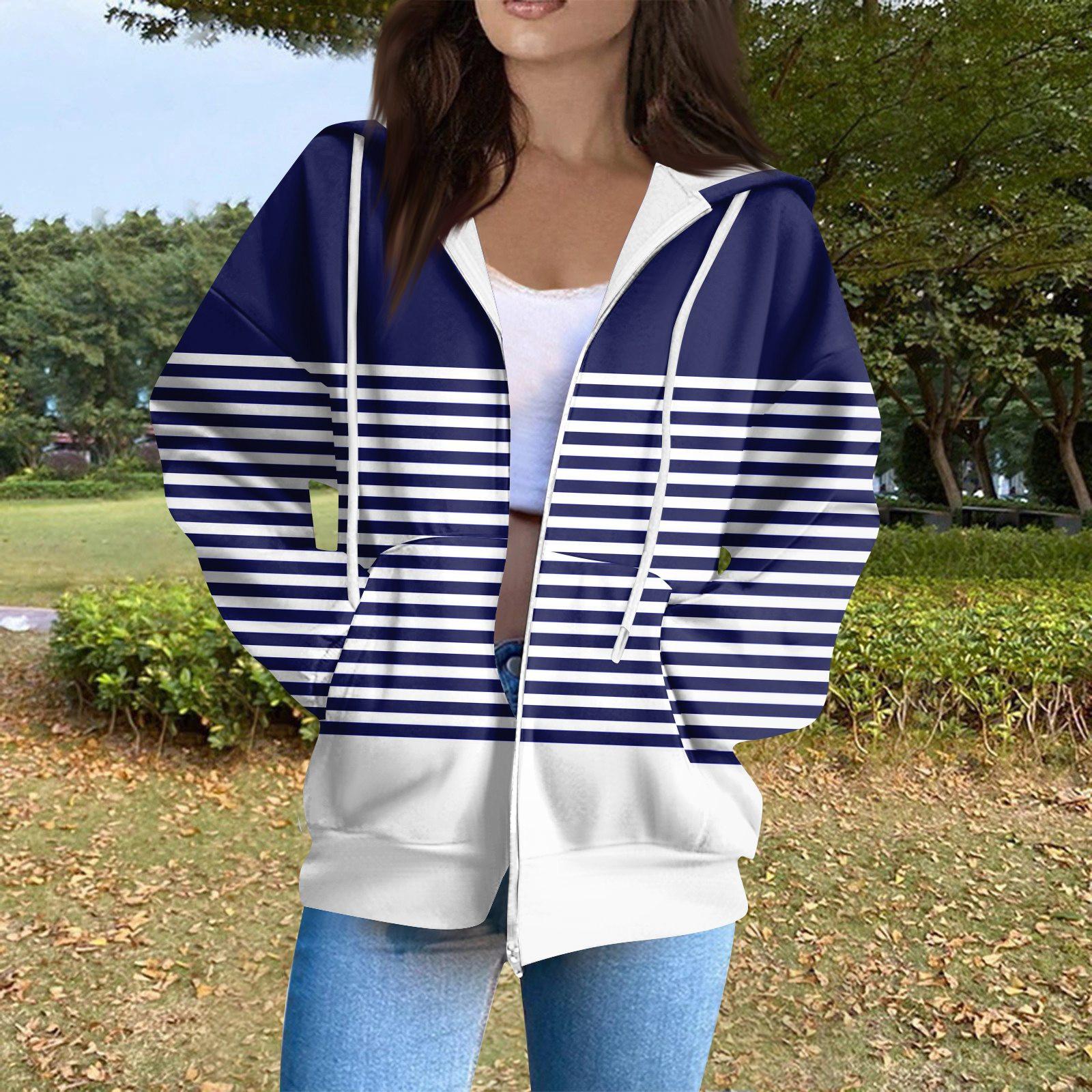 

Женская повседневная модная толстовка с капюшоном, длинным рукавом, молнией, градиентной полоской и принтом L