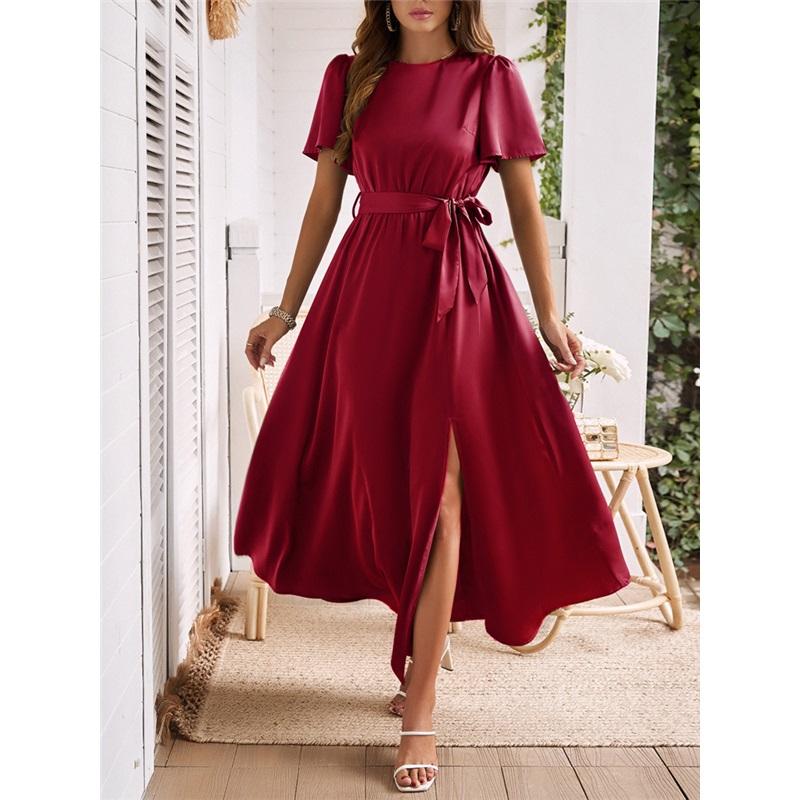 

Весна-лето Элегантное однотонное платье с завязками на талии и разрезом Женское модное повседневное платье миди для вечеринок Повседневная одежда Идеально подходит для любого случая XL красный