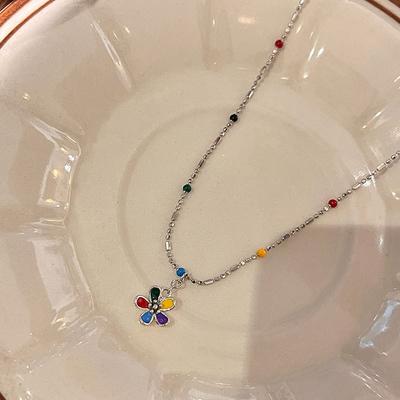 Cute Rainbow Flower Necklace Colorful Glue Beans Collarbone Chain Sweet Millennial Style New Style