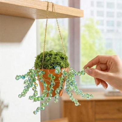 Green Plant Beaded Kit with Ceramic Pot, DIY Beading Potted Plants Sun Catcher Making Kit for Window Hanging, Home, Garden, Car Decor