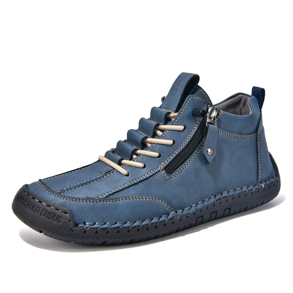 New Classic Handmade Leather Men Shoes Zipper Design Outdoor Sneakers Slip On Casual Shoes Leather Breathable Men Ankle Boots